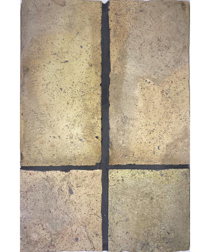 Rustic yellow terracotta tiles with textured surface and dark grout for floor or wall use