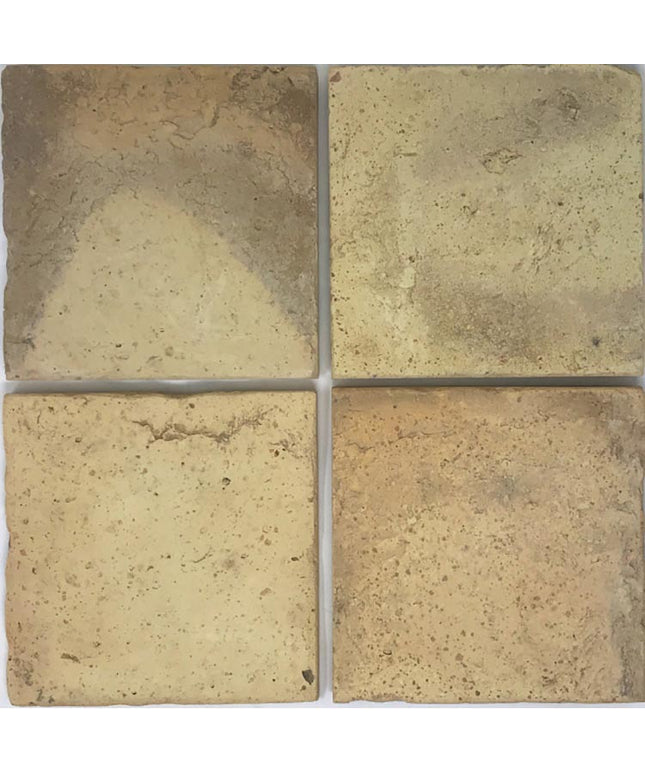 Rustic terracotta yellow 6x6 floor tiles with natural textured finish, ideal for kitchens or bathrooms.