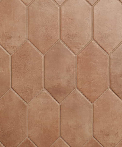 Hexagonal brown tiles with a textured pattern