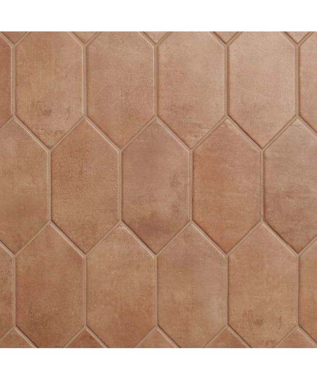Hexagonal brown tiles with a textured pattern