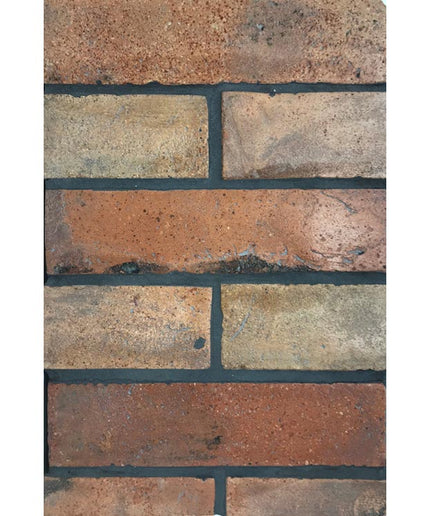 Terracotta brick-look tiles in a 3x12 subway pattern with a rustic finish