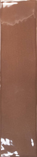 A glossy, rectangular ceramic tile in a warm medium brown glaze, shown flat against a white background with minor reflections.