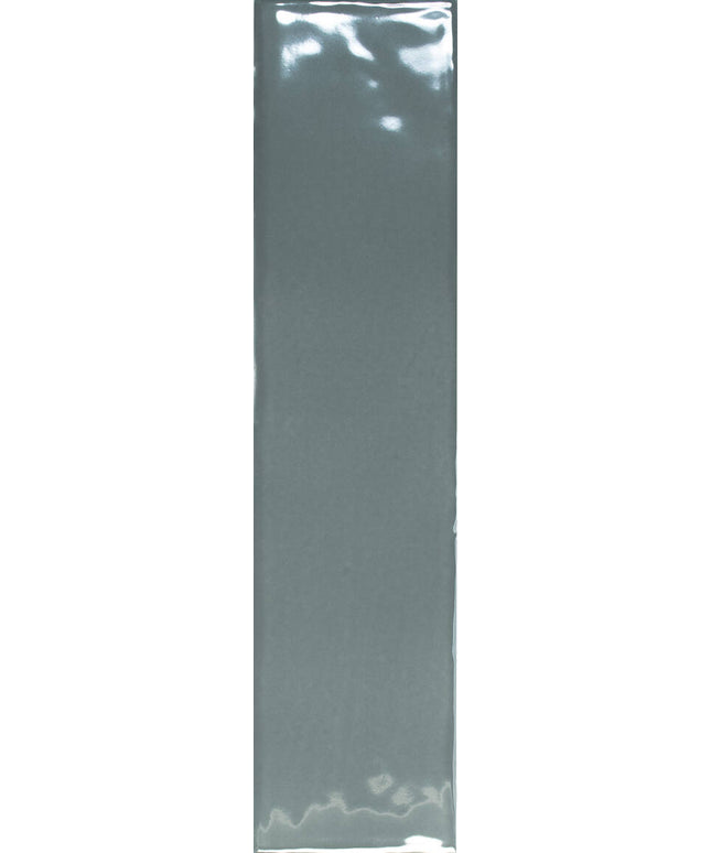A long, narrow rectangular sample of glossy gray material with slight reflections, shown against a matching gray background.