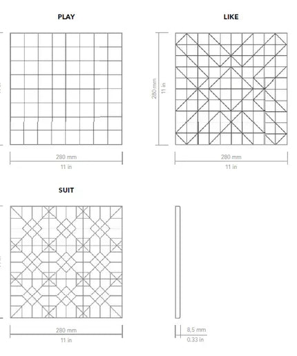 Diagram showing different grid patterns labeled 'Play', 'Like', and 'Suit' with measurements.