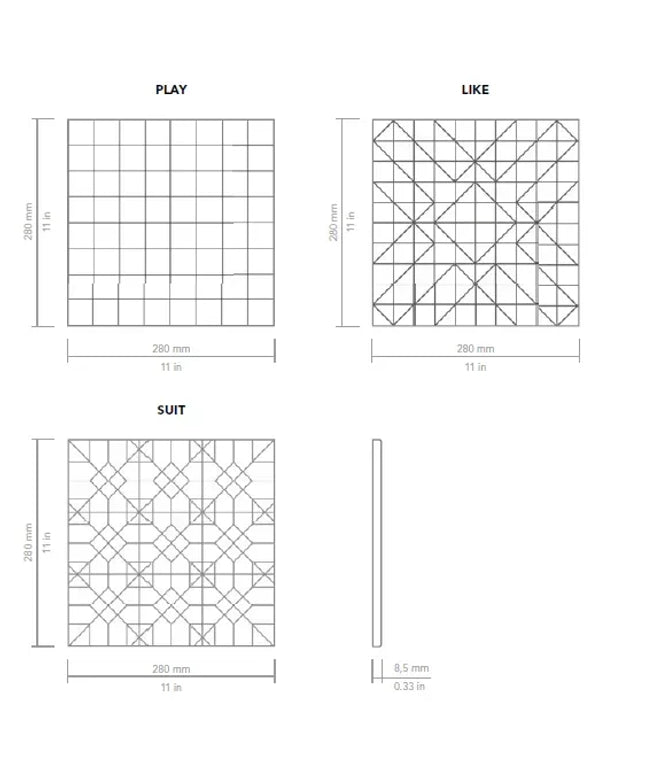 Diagram showing different grid patterns labeled 'Play', 'Like', and 'Suit' with measurements.