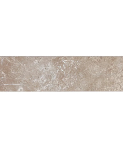 Rectangular taupe marble-look 4x16 semi-polished tile with natural veining