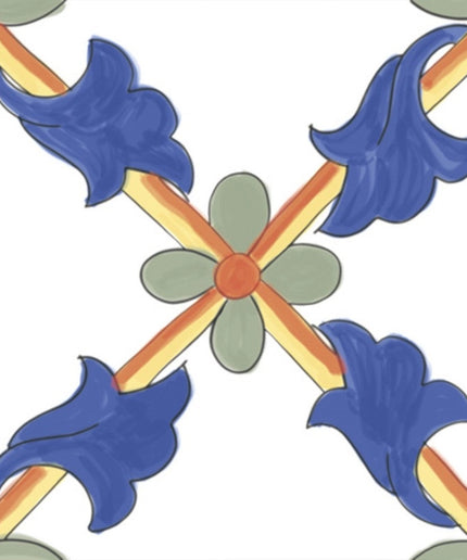 Decorative 6x6 tile with blue floral patterns, green leaves, and orange accents