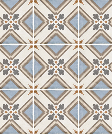 Patterned tiles with geometric design in blue, beige, and gray.