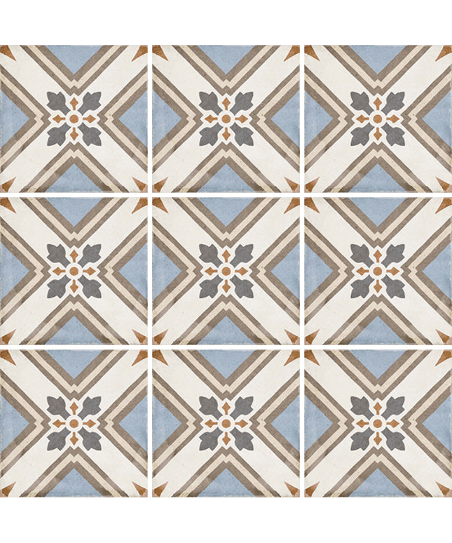 Patterned tiles with geometric design in blue, beige, and gray.