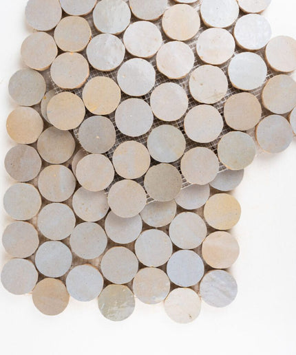 Round beige ceramic mosaic tile sheet for backsplash, floor, or bathroom decor