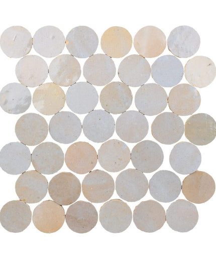 Round cream and beige mosaic tiles for backsplash, bathroom, shower, or pool decor.