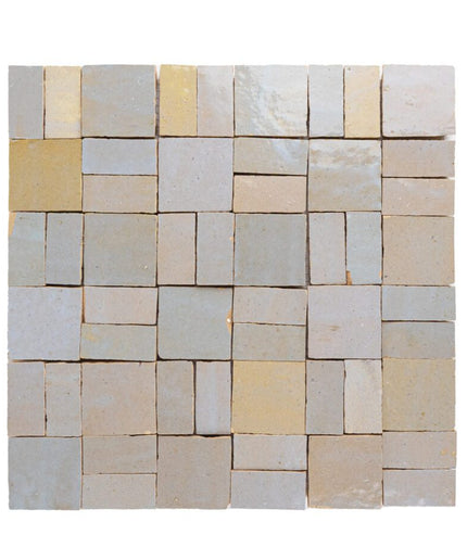 Twilight Bloom crosshatch Zellige mosaic tile sheet in beige and light yellow tones