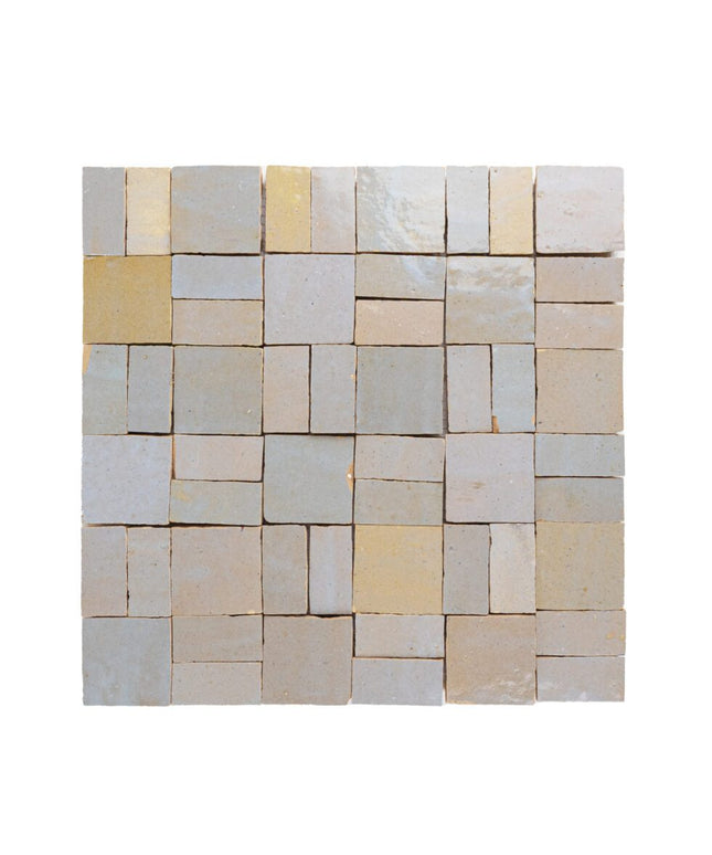 Twilight Bloom crosshatch Zellige mosaic tile sheet in beige and light yellow tones