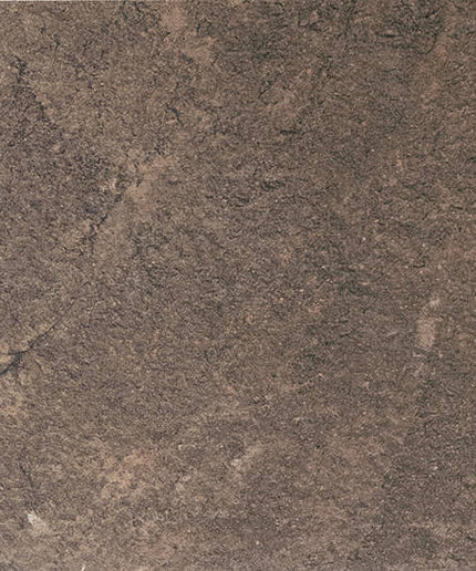 A square sample of textured stone-look tile or flooring material in a mottled dark brown and charcoal gray color with subtle natural veining.