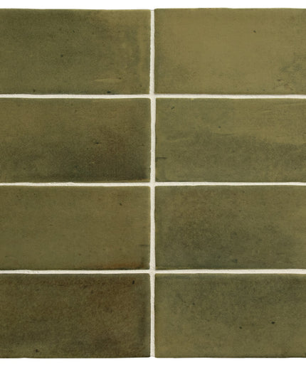 Set of six greenish-brown tiles arranged in two rows on a white background