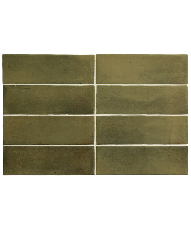 Set of six greenish-brown tiles arranged in two rows on a white background