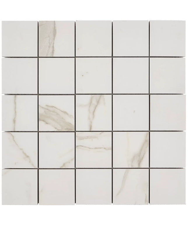 Versilia Calacatta mosaic tile sheet with white and light gray marble veining, 2x2 squares