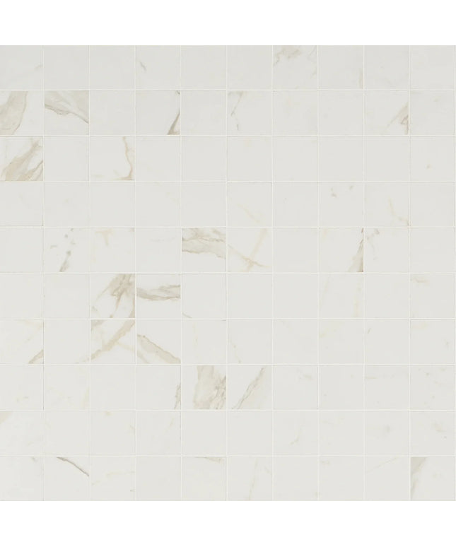 Versilia Calacatta 2x2 marble look mosaic tile with white background and light gray veining