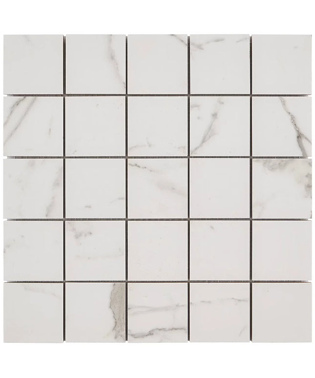 White marble-look square mosaic tile sheet with subtle gray veining, ideal for bathrooms and kitchens
