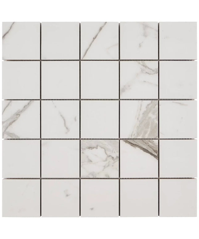 Versilia Statuario white marble look mosaic tiles with subtle gray veining, 2x2 squares.