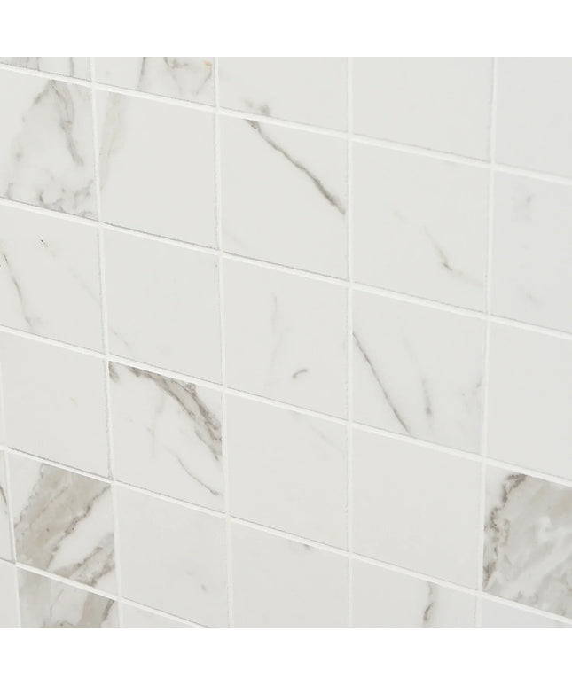 Glossy white marble-look 2x2 wall tiles with subtle gray veining for bathrooms or kitchens