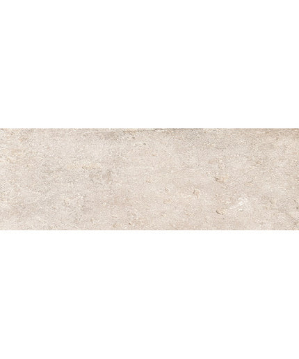 Rectangular cream ceramic tile with a textured stone finish, ideal for backsplash or flooring