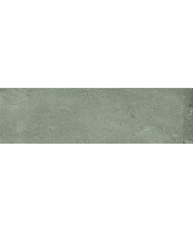 Rectangular green porcelain tile with a textured stone-like surface, ideal for floors or walls