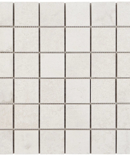 Mosaic tile pattern with small square tiles and thin grout lines on a white background made in the USA