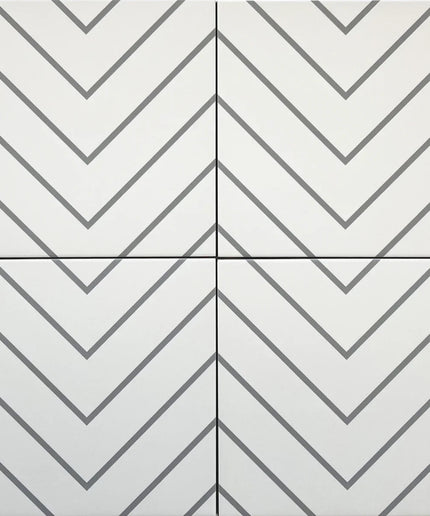 White ceramic tiles with black chevron lines, modern geometric tile pattern