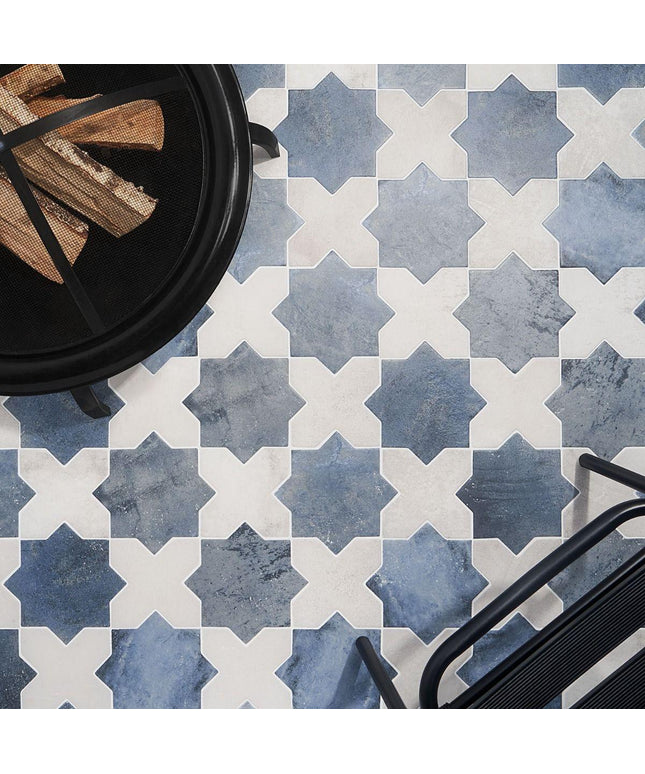 white blue matte 6x6 star cross tiles floor