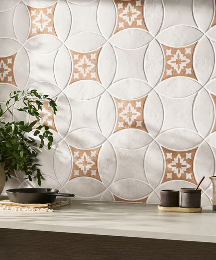 Decorative wall tiles with geometric pattern in a kitchen setting