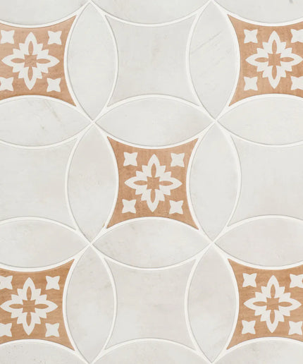 Patterned tiles with white and brown design on a light gray background