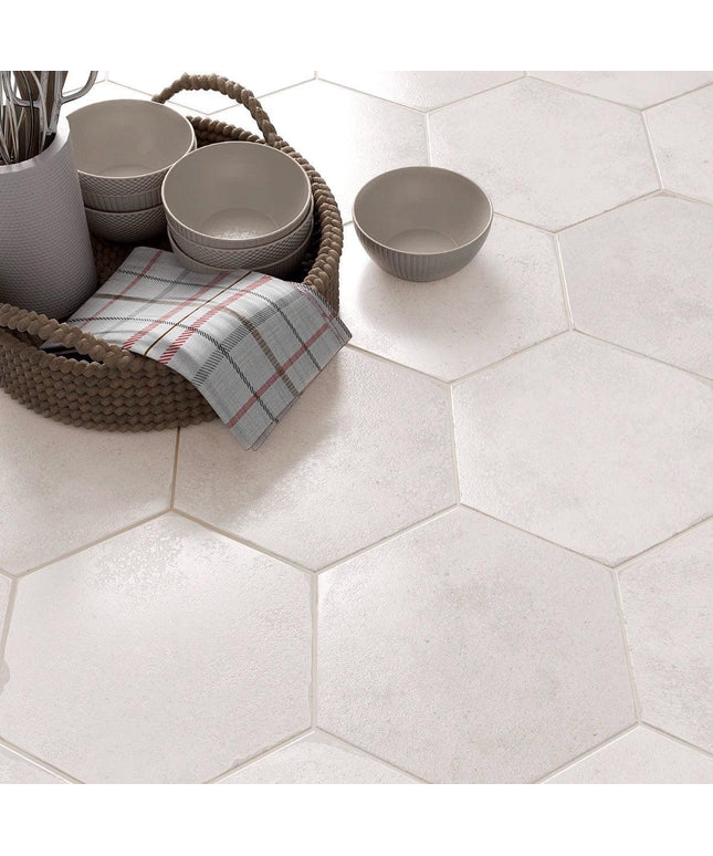 white hexagon tile 9x10 floor