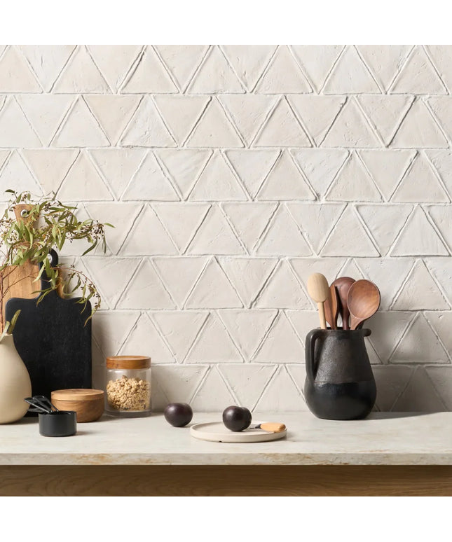 Kitchen counter with geometric tile pattern on the wall