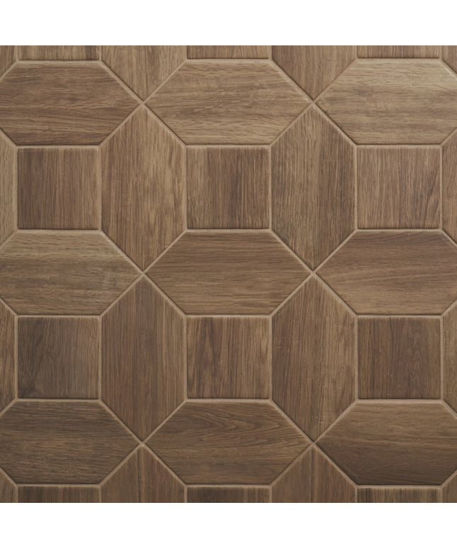Hexagonal wooden tiles with a brown pattern