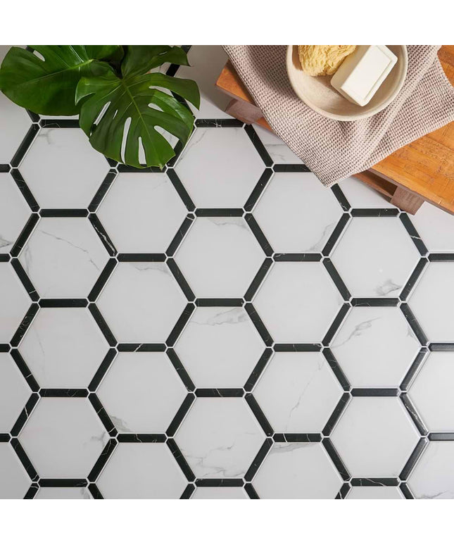 Hexagonal tile pattern with black grout lines on a white background