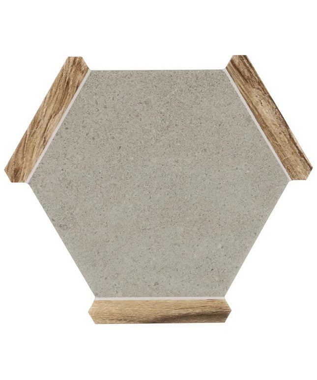 Hexagonal stone coaster with wooden edges on a white background