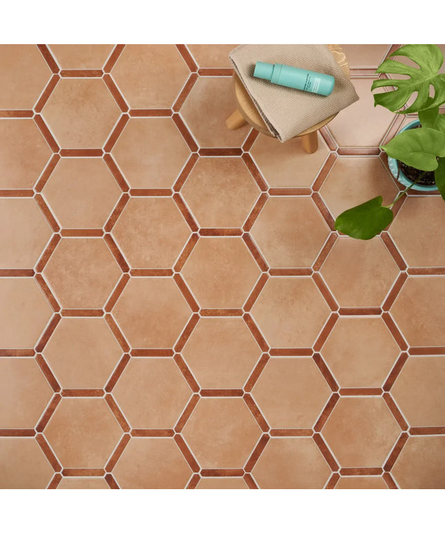Hexagonal terracotta tiles on a floor with a plant and small stool.